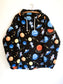 SPACE CATS fleece pullover, black and multi. 